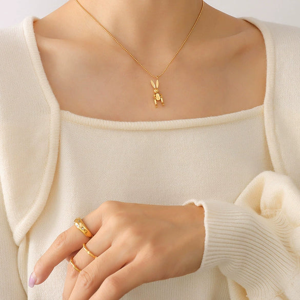 Wholesale Jewelry Animal Mechanical Rabbit 316L Stainless Steel 18K Gold Plated Necklace