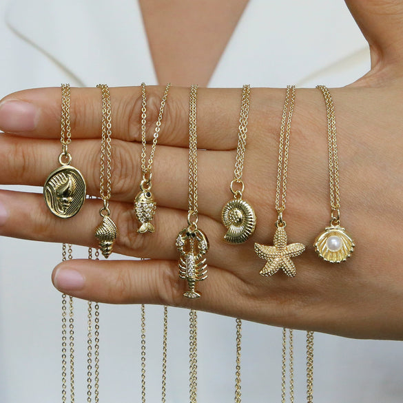 Wholesale Jewelry Animal Pattern Copper Pendant Necklace With Electroplating Ocean Shells Conch Starfish Small Fish Tropical Fish Shrimp Design