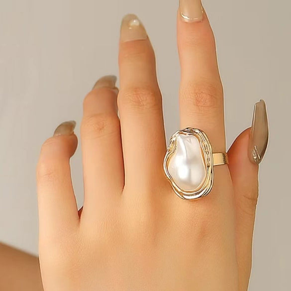 Wholesale Jewelry Baroque Alloy Inlaid Imitation Pearl Geometric Irregular Ring