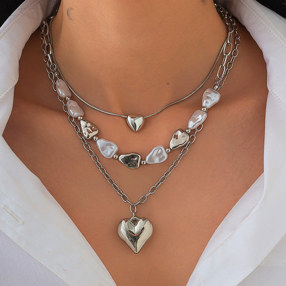 Wholesale Jewelry Baroque Heart Shape Tassel Pendant Clavicle Chain Pearl Alloy Necklace