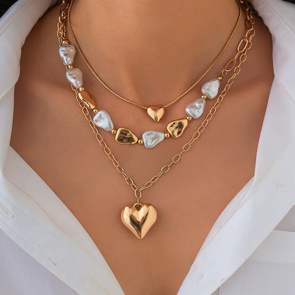 Wholesale Jewelry Baroque Heart Shape Tassel Pendant Clavicle Chain Pearl Alloy Necklace