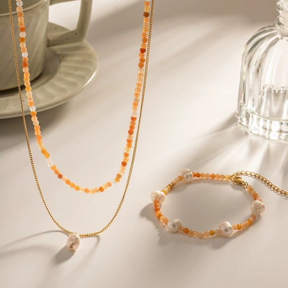 Wholesale Jewelry Baroque Pendant Natural Stone Necklace And Non Fading Titanium Steel Bracelet With Geometric Design And Electroplating For Women