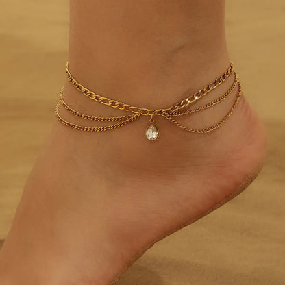 Wholesale Jewelry Basic Marine Style Beach Water Droplets Starfish Shell 304 Stainless Steel Zircon 18K Gold Plated Plating Inlay Anklet