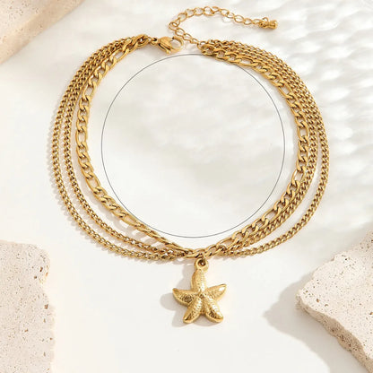 Wholesale Jewelry Basic Marine Style Beach Water Droplets Starfish Shell 304 Stainless Steel Zircon 18K Gold Plated Plating Inlay Anklet