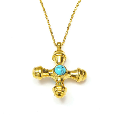 Wholesale Jewelry Basic Modern Style Classic Style Cross Titanium Steel Artificial Gemstones Natural Stone Turquoise 18K Gold Plated Inlay Pendant Necklace