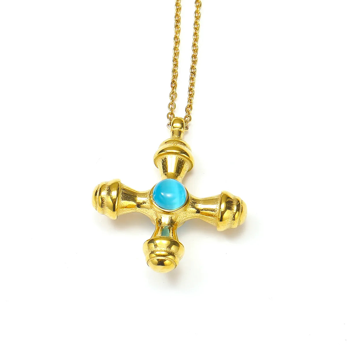 Wholesale Jewelry Basic Modern Style Classic Style Cross Titanium Steel Artificial Gemstones Natural Stone Turquoise 18K Gold Plated Inlay Pendant Necklace