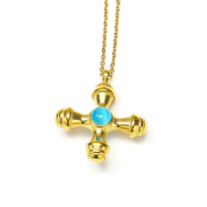 Wholesale Jewelry Basic Modern Style Classic Style Cross Titanium Steel Artificial Gemstones Natural Stone Turquoise 18K Gold Plated Inlay Pendant Necklace