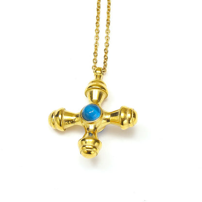 Wholesale Jewelry Basic Modern Style Classic Style Cross Titanium Steel Artificial Gemstones Natural Stone Turquoise 18K Gold Plated Inlay Pendant Necklace