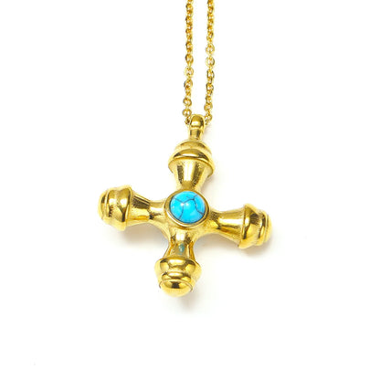 Wholesale Jewelry Basic Modern Style Classic Style Cross Titanium Steel Artificial Gemstones Natural Stone Turquoise 18K Gold Plated Inlay Pendant Necklace