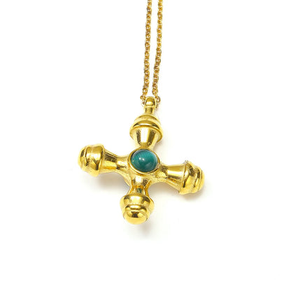 Wholesale Jewelry Basic Modern Style Classic Style Cross Titanium Steel Artificial Gemstones Natural Stone Turquoise 18K Gold Plated Inlay Pendant Necklace