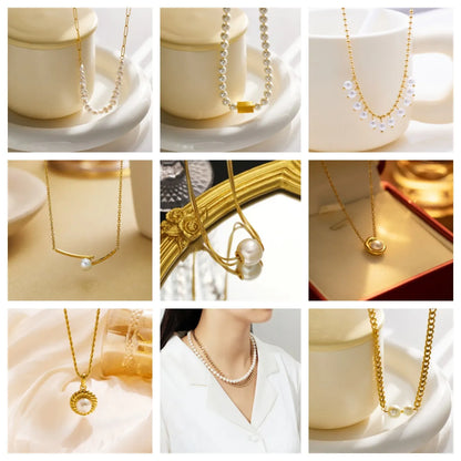 Wholesale Jewelry Basic Modern Style Classic Style Geometric Titanium Steel Artificial Pearls Plating Inlay Double Layer Necklaces Pendant Necklace