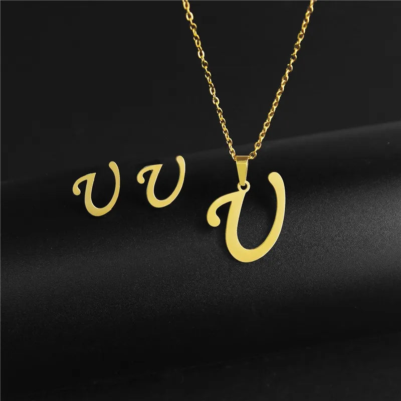 Wholesale Jewelry Basic Modern Style Classic Style Letter 304 Stainless Steel Plating Earrings Necklace Jewelry Set