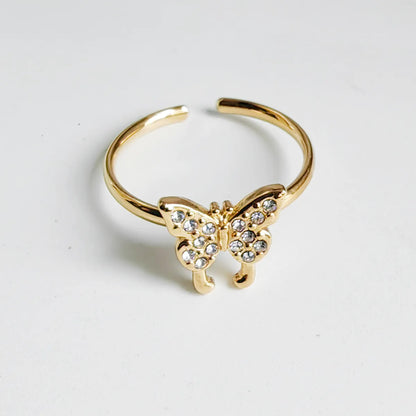 Wholesale Jewelry Basic Simple Style Commute Devil'S Eye Cat Butterfly 304 Stainless Steel Rhinestones 18K Gold Plated Inlay Adjustable Ring Open Rings