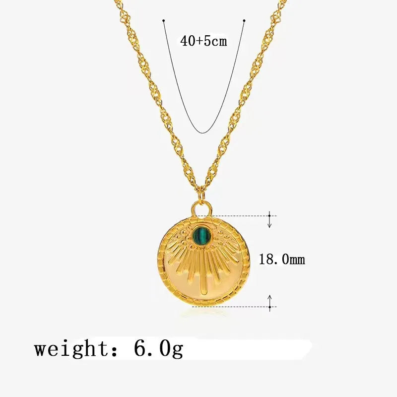 Wholesale Jewelry Basic Streetwear Round Titanium Steel Turquoise 18K Gold Plated Inlay Pendant Necklace