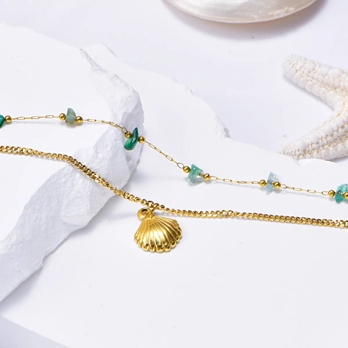 Wholesale Jewelry Basic Vacation Simple Style Scallop 304 Stainless Steel Natural Stone 18K Gold Plated Bracelets Anklet