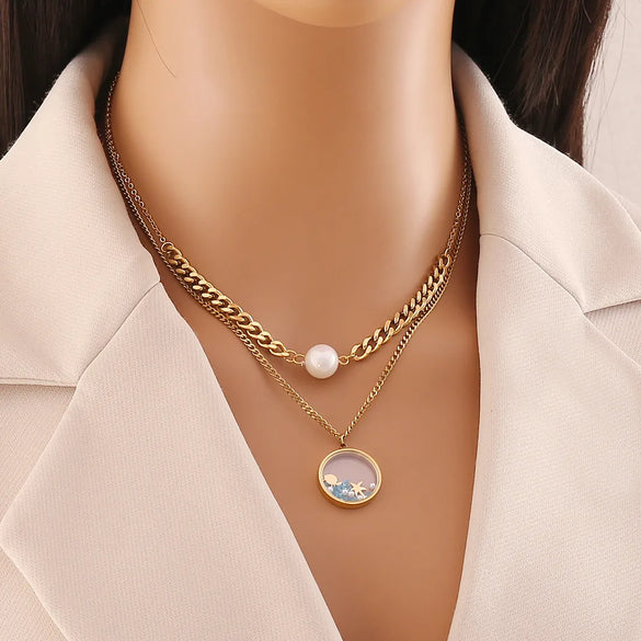 Wholesale Jewelry Beach Commute Starfish Flower 304 Stainless Steel Pearl 18K Gold Plated Plating Inlay Double Layer Necklaces