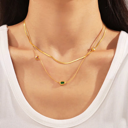 Wholesale Jewelry Beach Modern Style Geometric Chain Titanium Steel Glass Stone 18K Gold Plated Inlay Necklace