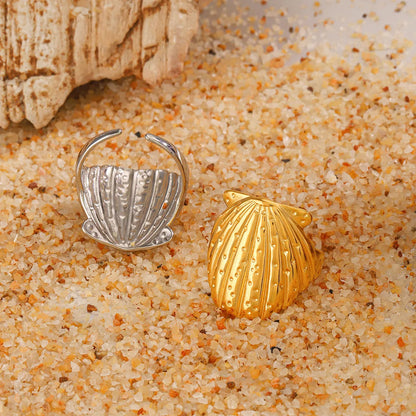 Wholesale Jewelry Beach Shell 304 Stainless Steel 18K Gold Plated Manual Polishing Open Rings