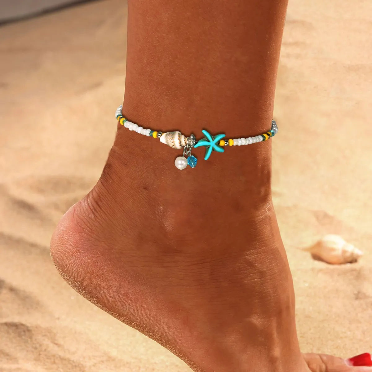 Wholesale Jewelry Beach Starfish Conch Beaded Alloy Artificial Pearls Anklet