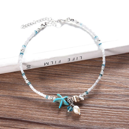 Wholesale Jewelry Beach Starfish Conch Beaded Alloy Artificial Pearls Anklet