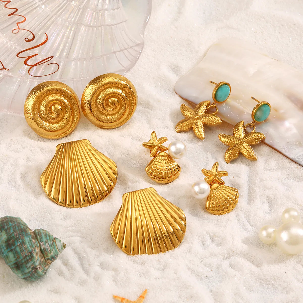 Wholesale Jewelry Beach Starfish Shell 304 Stainless Steel Artificial Pearls Amazonite 18K Gold Plated Inlay Rings Earrings