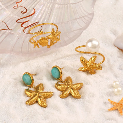 Wholesale Jewelry Beach Starfish Shell 304 Stainless Steel Artificial Pearls Amazonite 18K Gold Plated Inlay Rings Earrings