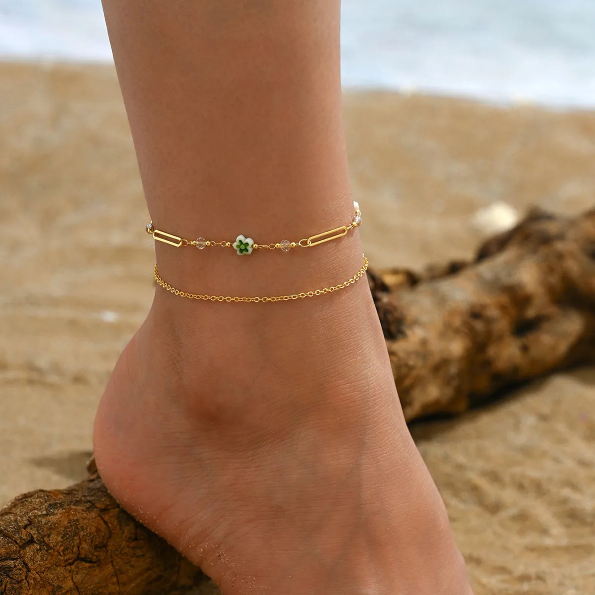 Wholesale Jewelry Beach Sweet Simple Style Flower Copper 18K Gold Plated Layered Chain Anklet