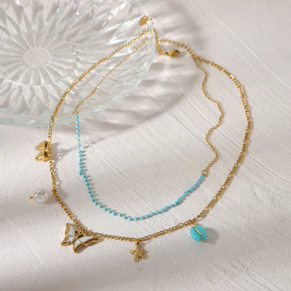 Wholesale Jewelry Beach Sweet Starfish Butterfly Shell 304 Stainless Steel Imitation Pearl Natural Stone 18K Gold Plated Enamel Multi Charms Necklace Cuban Link Chain Curb Chain Cable Chain