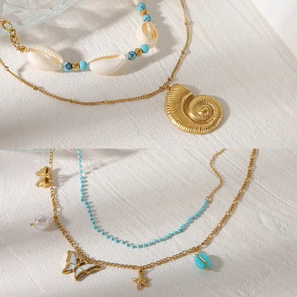 Wholesale Jewelry Beach Sweet Starfish Butterfly Shell 304 Stainless Steel Imitation Pearl Natural Stone 18K Gold Plated Enamel Multi Charms Necklace Cuban Link Chain Curb Chain Cable Chain