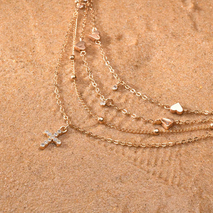 Wholesale Jewelry Beach Tropical Cross Heart Shape Alloy Zircon Rose Gold Plated Layered Inlay Anklet