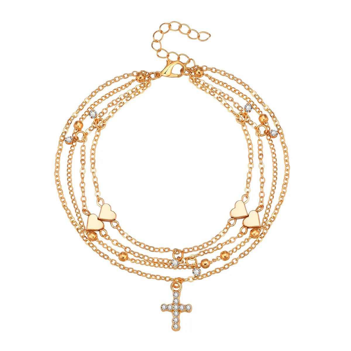 Wholesale Jewelry Beach Tropical Cross Heart Shape Alloy Zircon Rose Gold Plated Layered Inlay Anklet