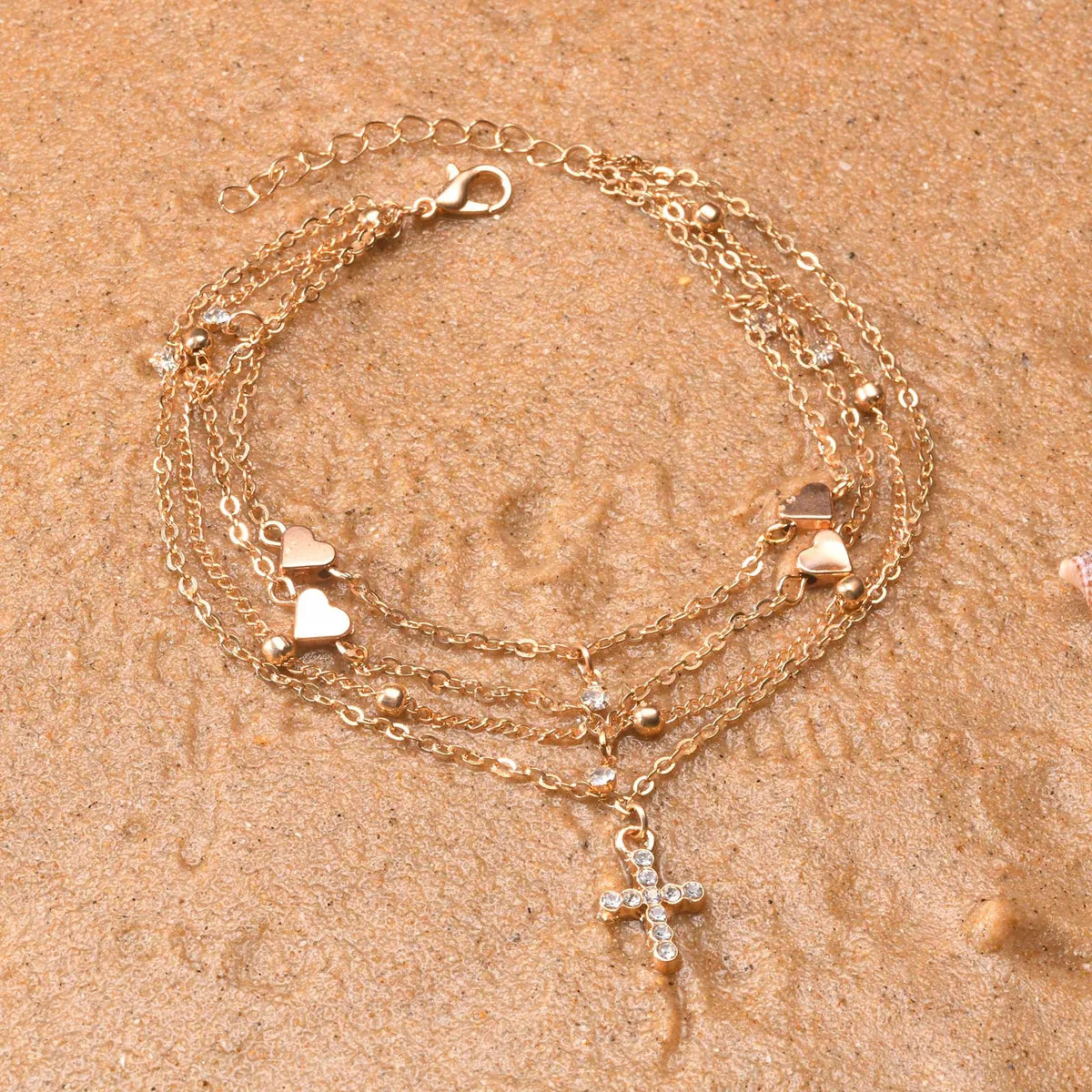 Wholesale Jewelry Beach Tropical Cross Heart Shape Alloy Zircon Rose Gold Plated Layered Inlay Anklet