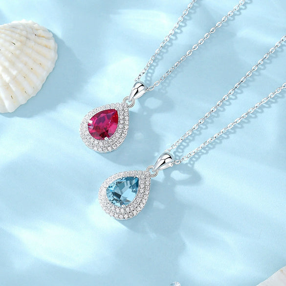 Wholesale Jewelry Blue Crystal Water Drop Pendant Necklace S925 Sterling Silver Inlaid Zircon Diamond Geometric Style For Women