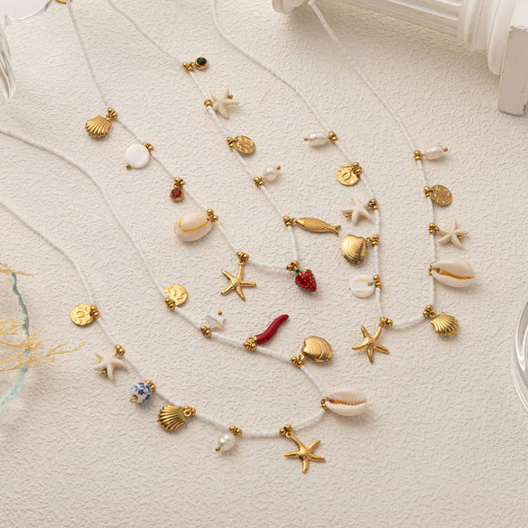 Wholesale Jewelry Bohemian Beach Shell Stainless Steel Geometric Starfish Conch Pendant Necklace Electroplating