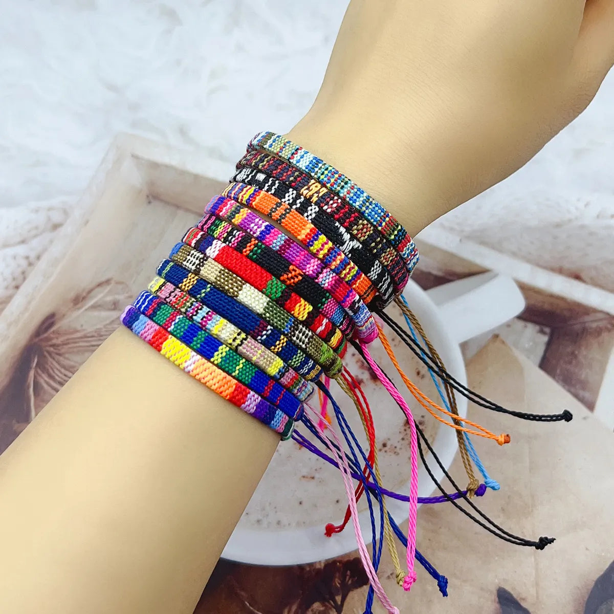 Wholesale Jewelry Bohemian Color Block Cotton And Linen Wax Line Knitting Drawstring Bracelets