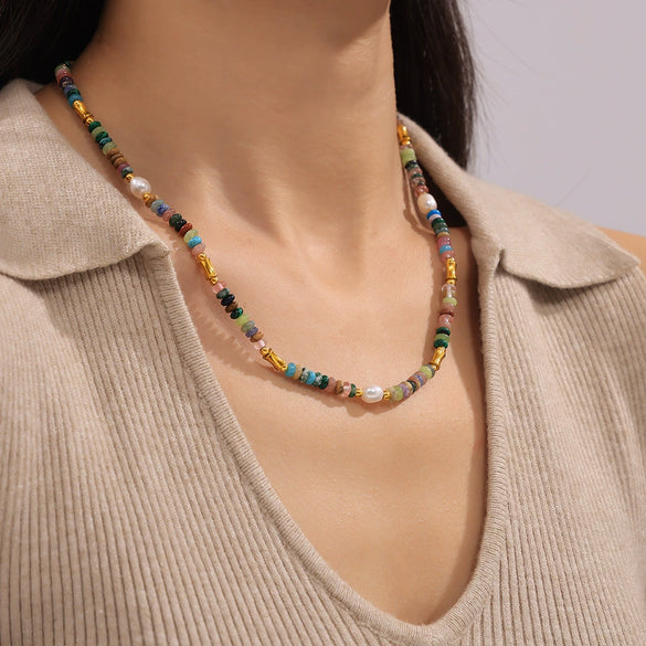 Wholesale Jewelry Bohemian Style Freshwater Pearl Natural Stone Beaded 316L Stainless Steel Necklace Bracelet Electroplated