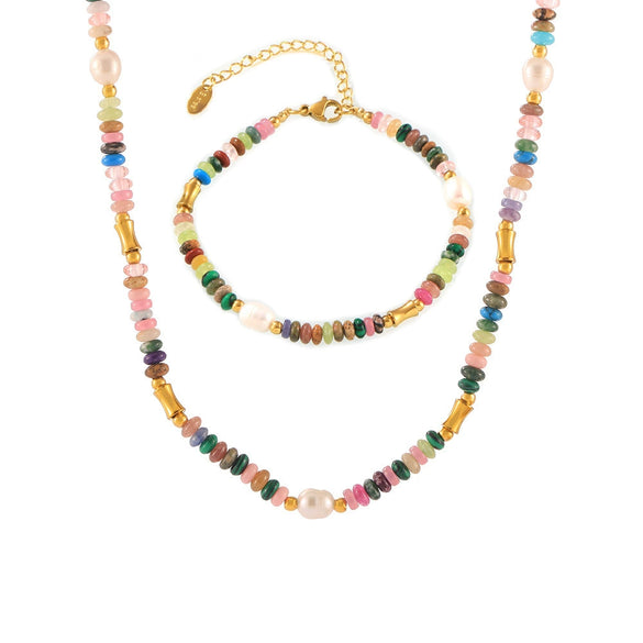 Wholesale Jewelry Bohemian Style Freshwater Pearl Natural Stone Beaded 316L Stainless Steel Necklace Bracelet Electroplated