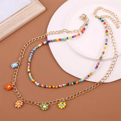 Wholesale Jewelry Bohemian Style Hand-Woven Beads Flower Pendant Multi-Layer Necklace Nihaojewelry