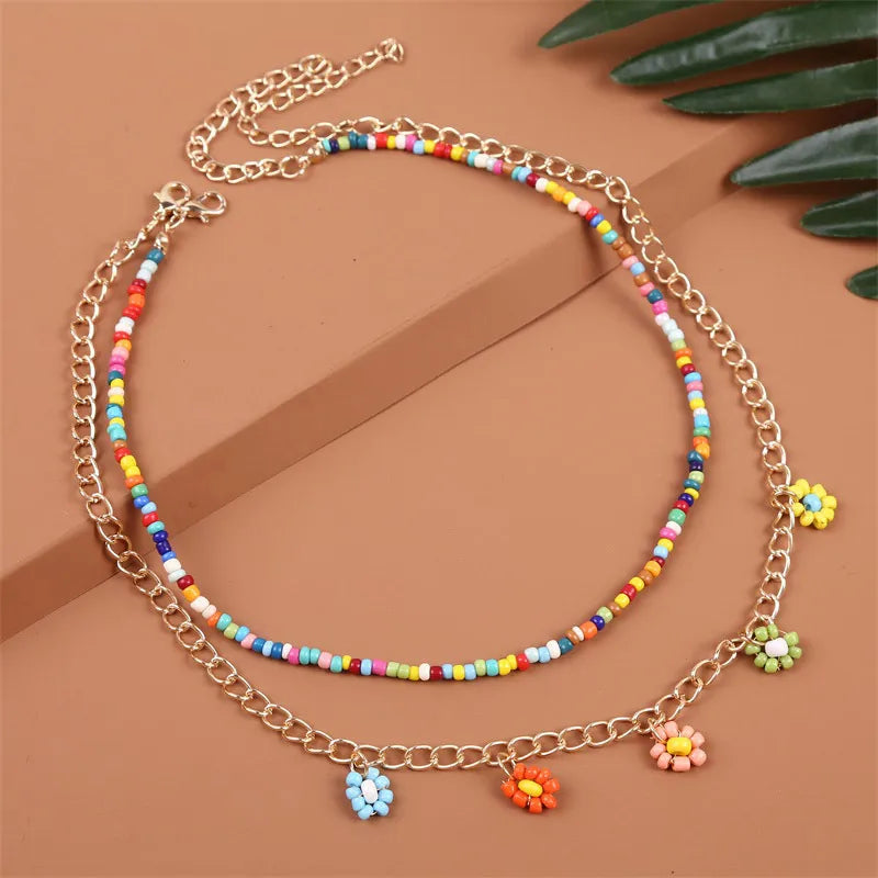 Wholesale Jewelry Bohemian Style Hand-Woven Beads Flower Pendant Multi-Layer Necklace Nihaojewelry