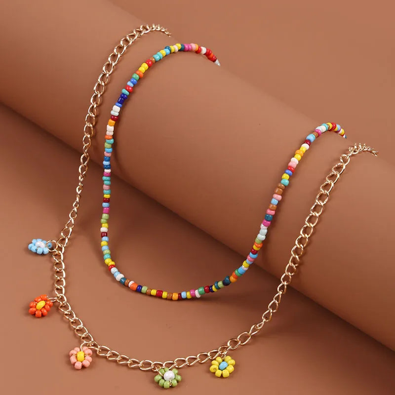 Wholesale Jewelry Bohemian Style Hand-Woven Beads Flower Pendant Multi-Layer Necklace Nihaojewelry