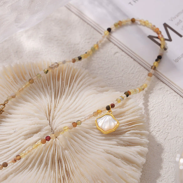 Wholesale Jewelry Bohemian Style Sea Shell Pendant 316L Stainless Steel Beaded Stitching Necklace With Geometric Pattern And Pearl Chain For Women