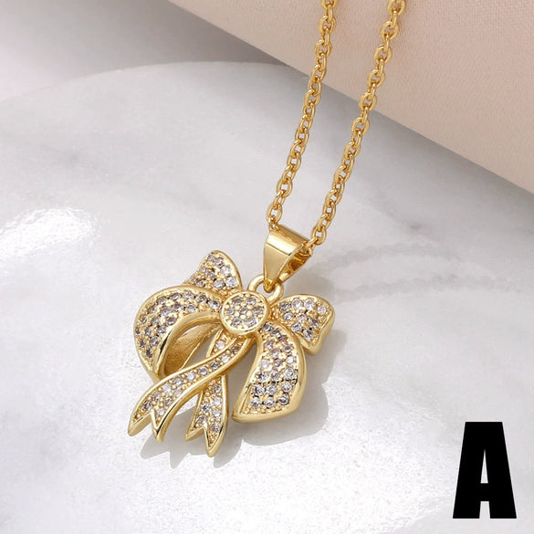 Wholesale Jewelry Bow Pendant Necklace Copper Gold Plated Women's Bamboo Chain