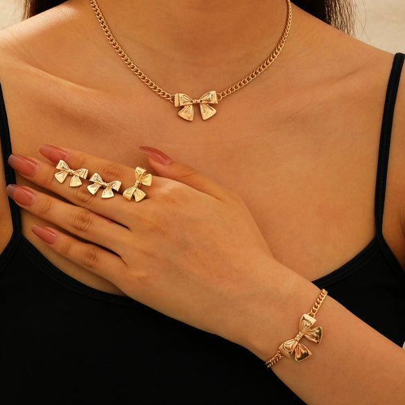 Wholesale Jewelry Bow Stainless Steel Imitation Pearls Electroplated Snake Bone Chain Earrings Bracelet Necklace Choker For Female