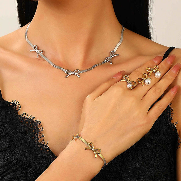 Wholesale Jewelry Bow Stainless Steel Imitation Pearls Electroplated Snake Bone Chain Earrings Bracelet Necklace Choker For Female