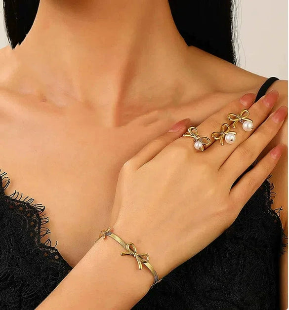 Wholesale Jewelry Bow Stainless Steel Imitation Pearls Electroplated Snake Bone Chain Earrings Bracelet Necklace Choker For Female