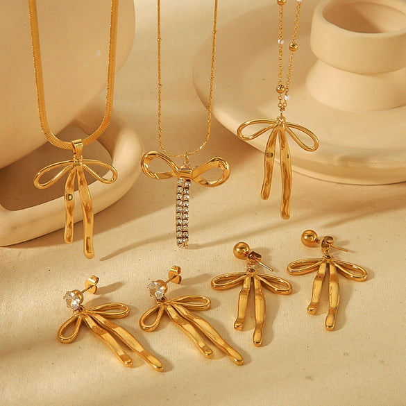 Wholesale Jewelry Bow Style 18K Gold And Stainless Steel Electroplated Earrings For Girls