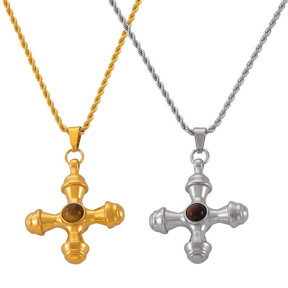 Wholesale Jewelry British Retro Style Cross Inlaid Tiger Eye Stone 316L Stainless Steel Electroplated Pendant Necklace For Women