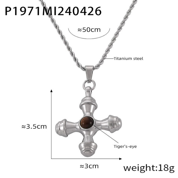 Wholesale Jewelry British Retro Style Cross Inlaid Tiger Eye Stone 316L Stainless Steel Electroplated Pendant Necklace For Women
