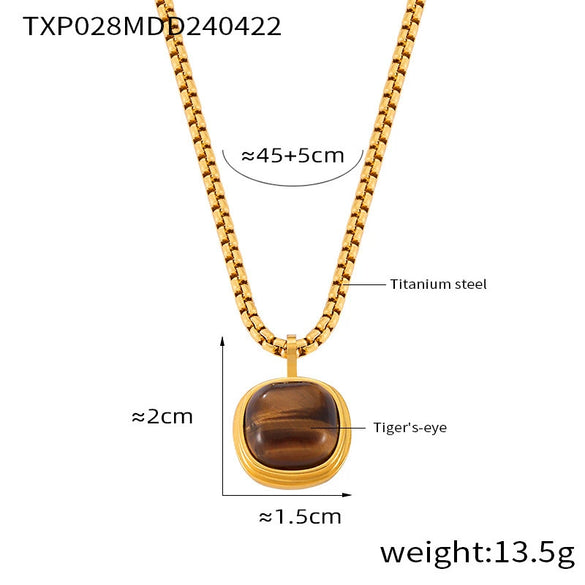 Wholesale Jewelry British Retro Style 316L Stainless Steel Inlaid Tiger's Eye Square Pendant With Love Pattern Electroplated Earrings And Necklace Set