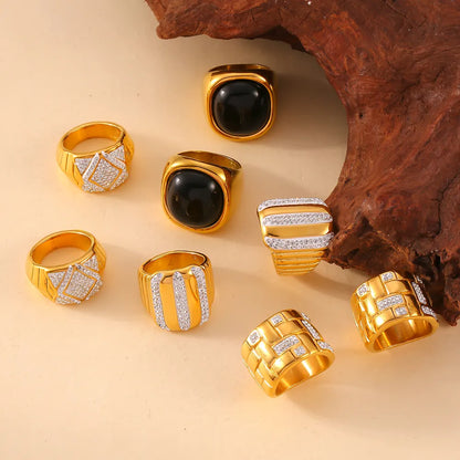 Wholesale Jewelry Business Simple Style Quadrilateral 304 Stainless Steel Rhinestones Agate 18K Gold Plated Plating Inlay Rings